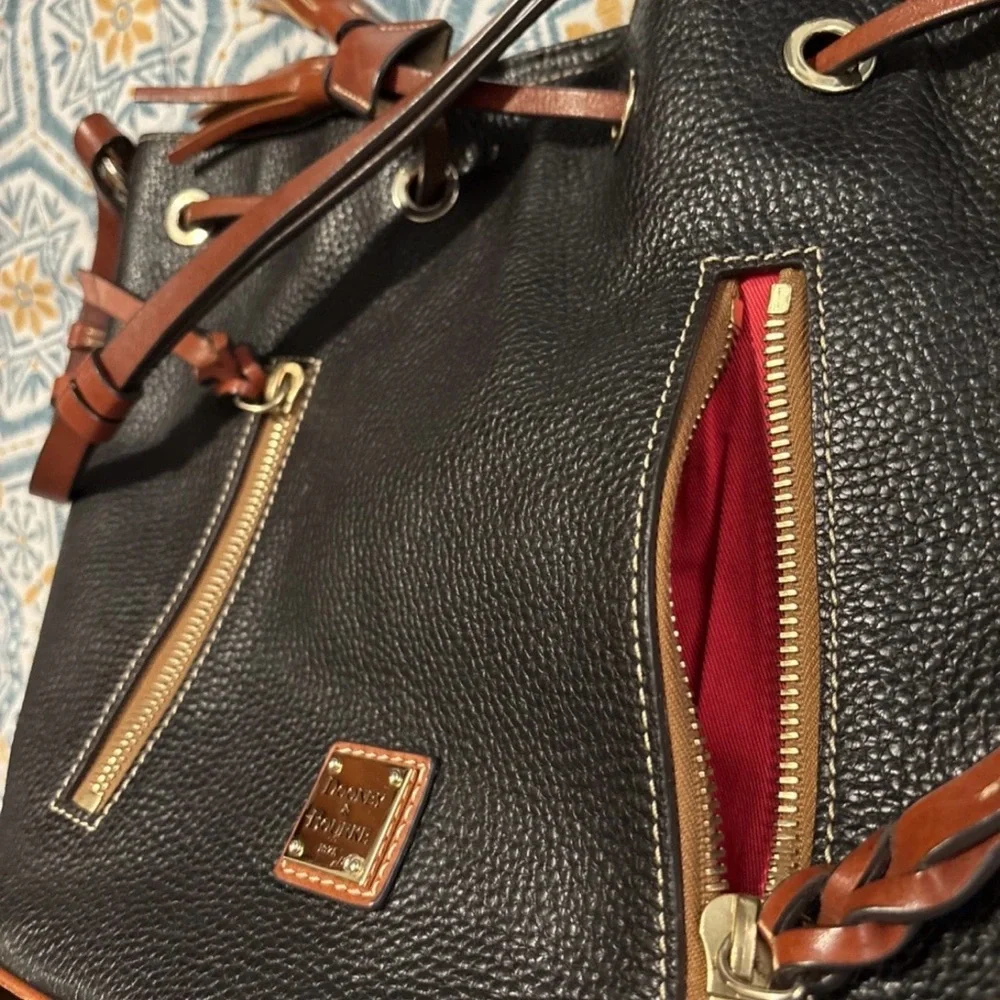 Dooney & Bourke Black Pebbled Leather Drawstring Bucket Bag with Brown Trim - Picture 5 of 11